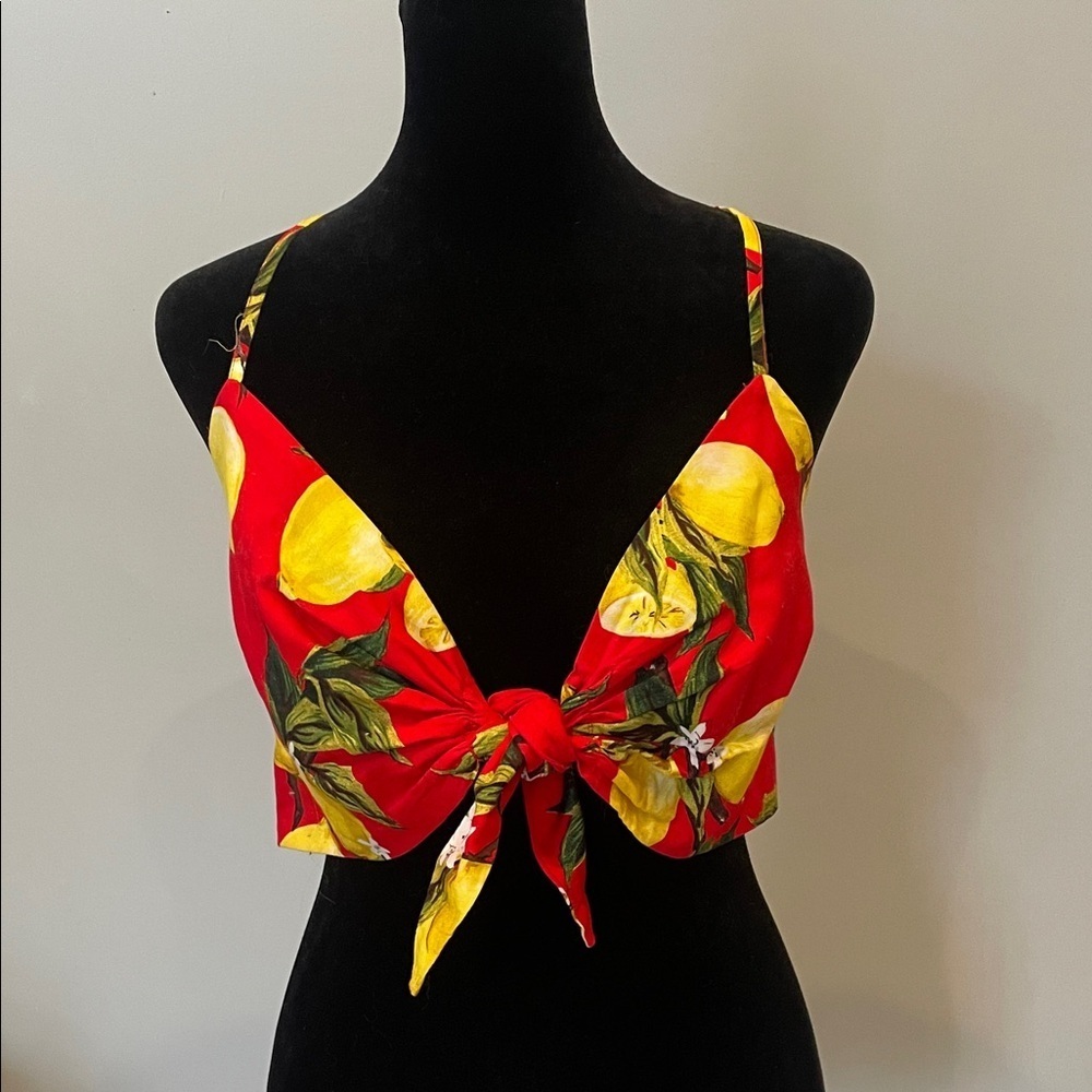 Vibrant Red Lemon Print Women's Top